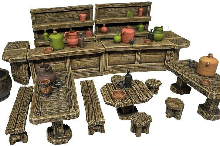 A detailed collection of 3D-printed tavern furniture, featuring a wooden bar with shelves displaying various colorful pots and jugs in shades of green, orange, and brown. The scene includes several tables and stools, all crafted to resemble rustic wooden furniture, with a round table holding a small dish and a black bottle. The overall design evokes a cozy, fantasy tavern atmosphere, perfect for tabletop RPG settings.