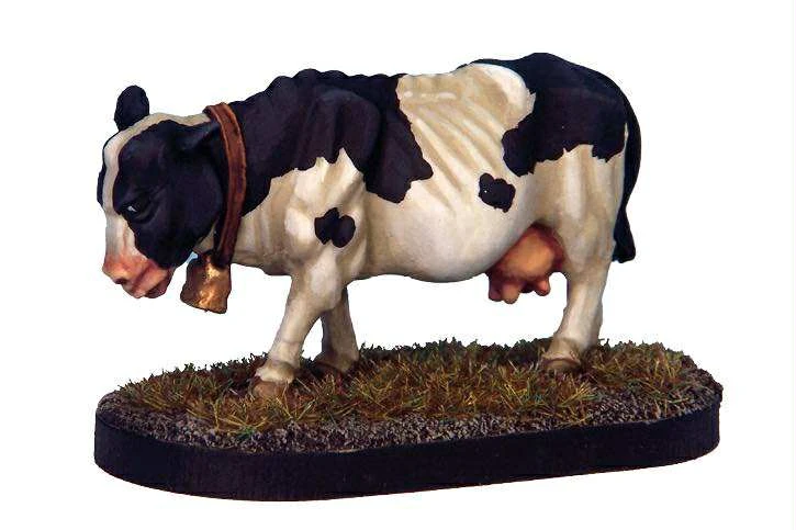 A detailed miniature of a black and white cow stands on a textured base resembling grass and dirt. The cow is depicted with a collar and bell around its neck, showcasing realistic features such as its distinct markings and posture. This figure adds a whimsical touch, fitting for a fantasy tavern setting.