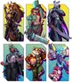 A vibrant illustration features six distinct characters from the Neon Odyssey campaign, each framed in colorful backgrounds. The characters include a fierce humanoid with animal features wielding a sword, a muscular figure in futuristic armor holding a large weapon, a mysterious figure in dark attire with a sword, a dragon-like character, a fox-like character in a pilot suit, and a blue-skinned character with robotic elements and a blaster. The overall aesthetic combines sci-fi elements with a dynamic, animated style, reflecting the game's cosmic adventure theme.