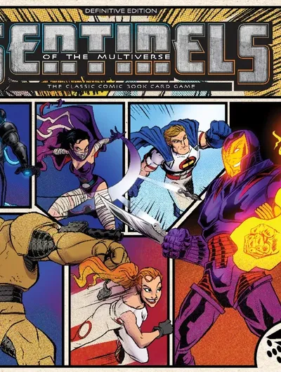 A colorful comic-style illustration features a group of six characters from the game "Sentinels of the Multiverse." The characters are depicted in dynamic poses, showcasing a mix of heroes and villains, with vibrant colors highlighting their unique costumes and powers. The title "SENTINELS of the Multiverse" is prominently displayed at the top, along with the subtitle "THE CLASSIC COMIC BOOK CARD GAME," emphasizing the game's comic book roots.