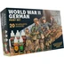 A paint set titled "World War II German" features a vibrant illustration of German soldiers in historical uniforms, including one with a machine gun and another gesturing. The packaging displays five paint bottles prominently labeled "WARPAINTS FANATIC," showcasing various colors such as Camo Sand and German Camo Green. The text "20 WARPAINTS FANATIC" and "AUTHENTIC COLOURS FROM HISTORICAL SOURCES" are also featured, emphasizing the set's focus on historical accuracy.
