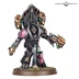 A detailed miniature of a character from the Emperor’s Children faction stands prominently, showcasing intricate armor adorned with gold and vibrant colors. The figure features a menacing faceplate, elaborate shoulder pads, and a gauntlet holding a weapon, all set against a simple base with tufts of grass. The design reflects the hedonistic and extravagant aesthetic of the Emperor’s Children, emphasizing their unique style within the Warhammer universe.