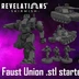 A collection of 3D printable miniatures from the "Faust Union" starter set for the Revelations: Skirmish tabletop wargame is displayed against a vibrant purple and black background. The scene features a large mech with intricate details, a tank, and several infantry figures, all rendered in a dark color scheme. The text "Pre-Supported" is prominently featured in the lower right corner, indicating that these models are ready for 3D printing.