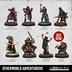 A collection of eight fantasy miniatures from Crooked Dice, featuring various adventurers. The figures include a Fighter wielding a spear or sword, two Clerics (one with a flail and another with a mace), a Thief with twin daggers, a Ranger with a bow, a Raging Barbarian, a Sorcerer holding a staff, and a Dwarf Fighter. The bottom of the image prominently displays the text "OTHERWORLD ADVENTURERS" and "OUT NOW!" along with the Crooked Dice logo.