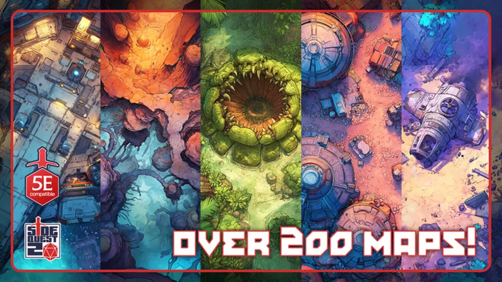 A vibrant collage of sci-fi battle maps showcases a variety of terrains, including a futuristic cityscape, a colorful alien landscape, a dense jungle with a large, menacing creature, and a rocky environment with futuristic structures. The maps are designed for compatibility with 5E roleplaying games, emphasizing their versatility for different gaming scenarios. The text "OVER 200 MAPS" is prominently displayed, highlighting the extensive collection available in the upcoming Kickstarter campaign.