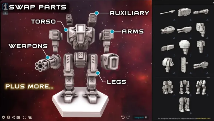 A detailed 3D model of a customizable mech stands on a hexagonal base, showcasing various parts labeled for swapping. The mech features a robust torso, articulated arms, and sturdy legs, with additional weapon options displayed alongside. The background is a gradient of deep space colors, enhancing the futuristic theme, while text highlights the ability to swap parts and customize the design.