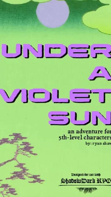 Cover art for A Violet Sun, an RPG adventure. Green background with purple text reading "A VIOLET SUN" at top, "an adventure for 5th-level characters" below, and "by: ryan shaw" at right. Purple stylized tree and rock illustration at bottom left.