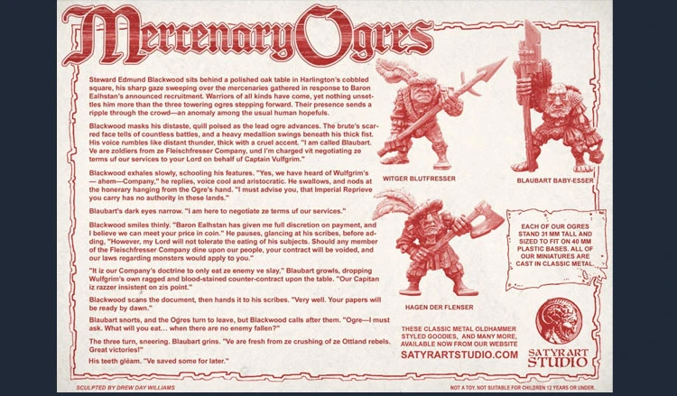 The image features a vintage-style advertisement for a new set of miniatures called "Mercenary Ogres" from Satyr Art Studio. It showcases three distinct ogre characters: Witzger Blutfresser, Blauhart Baby-Essser, and Hagen den Flenser, each depicted in dynamic poses with unique weapons and armor. The background is a textured blue, while the text is presented in a bold red font, detailing the ogres' personalities and their mercenary services. The overall design pays homage to classic tabletop gaming aesthetics, reminiscent of oldhammer and Citadel Miniatures.