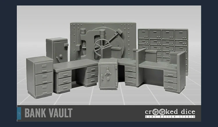 A detailed resin terrain kit depicting a bank vault scene, featuring a large vault door with a wheel mechanism at the center. Surrounding the vault are various pieces of furniture, including filing cabinets, desks, and a safe, all rendered in a gray color. The arrangement suggests a secure and organized space, ideal for tabletop gaming scenarios.
