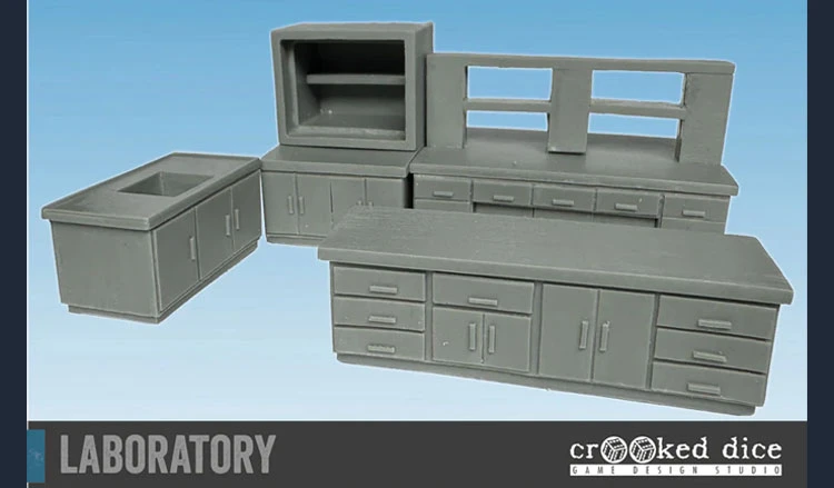 A collection of four resin terrain pieces designed for a laboratory setting is displayed. The pieces include a tall cabinet with shelves, a countertop with multiple drawers, a sink unit, and a lower cabinet, all in a uniform gray color. The terrain features clean lines and a modern design, suitable for sci-fi tabletop gaming environments.