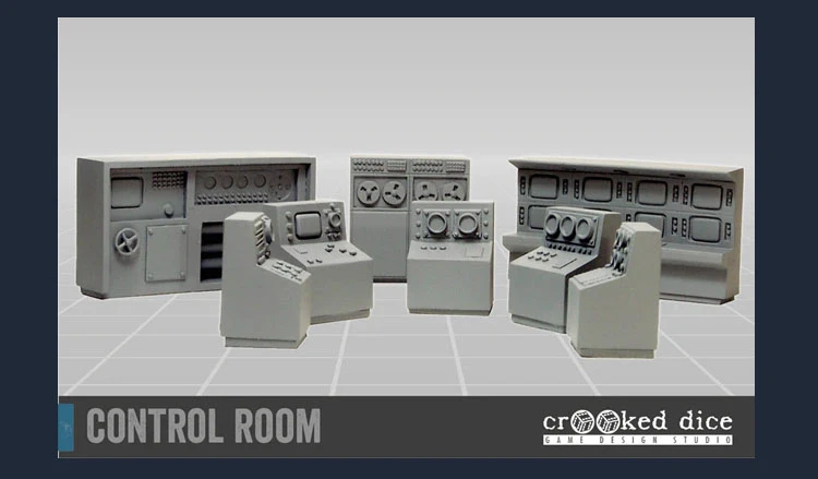 A collection of six sci-fi control room pieces is displayed, featuring various consoles and control panels in a light gray resin. The set includes a large back wall unit with multiple screens and dials, several smaller consoles with buttons and levers, and a few standalone control stations. The pieces are arranged on a grid-like surface, emphasizing their design for tabletop gaming and miniature setups.