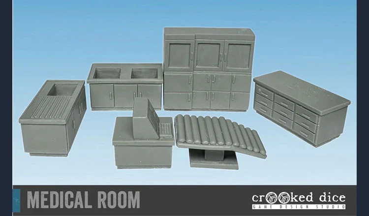 A collection of six gray resin terrain pieces designed for a sci-fi medical room is displayed. The set includes a countertop with a sink, a tall storage cabinet with doors, a lower cabinet, a desk with a computer, a rolling examination table, and a long, narrow table with a ribbed surface. The pieces are intricately detailed, showcasing a functional and sterile environment suitable for tabletop gaming.