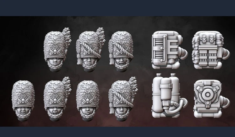 The image features a collection of miniature accessories designed for tabletop gaming. On the left side, there are six detailed heads wearing ornate helmets adorned with feathers, showcasing intricate facial features. On the right side, there are four different types of equipment, including a tech pack, a canister, and a mechanical device, all rendered in a gray, unpainted finish, emphasizing their sculptural details. The overall presentation highlights the craftsmanship and design intended for the British Space Force range.