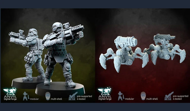 The image features two distinct groups of miniatures from Anvil Industry's upcoming releases. On the left, two armored soldiers are posed, each equipped with futuristic firearms, showcasing intricate details in their armor and gear. On the right, a pair of mechanical vehicles or drones is displayed, featuring a sleek design with multiple appendages and weaponry, set against a contrasting background. Both sets highlight the modular and pre-supported design features, emphasizing their suitability for tabletop gaming.