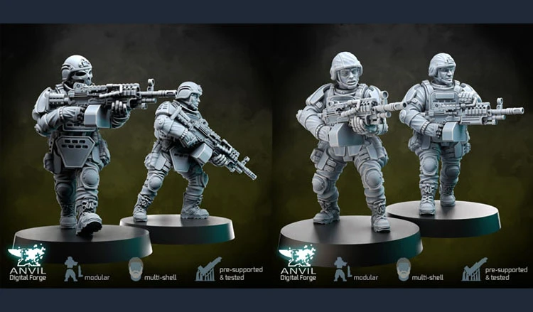 The image features four detailed miniatures from Anvil Industry's Special Forces range, showcasing futuristic soldiers in tactical gear. Two figures are positioned on the left, one aiming a weapon and the other in a dynamic stance, while two more figures on the right are also armed and appear ready for action. Each miniature is mounted on a circular base, and the design emphasizes modularity and multi-shell construction, suitable for 3D printing. The figures are presented in a monochromatic color scheme, highlighting their intricate details and features.