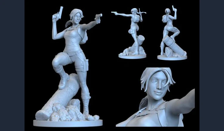 The image features a dynamic 3D miniature of Lara Croft, depicted in various poses. She is shown in a detailed, action-ready stance, holding a gun in one hand while standing on a rocky base. The miniature showcases her iconic outfit, including a tank top and shorts, with her hair styled in a braid. The design emphasizes her adventurous spirit, making it suitable for the upcoming Tomb Raider: The Crypt of Chronos board game.