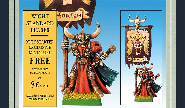 A detailed miniature of a wight standard bearer stands prominently, adorned in dark armor with a flowing red cape. The figure holds a large banner featuring a skull and the word "MORTEM," while various skulls are integrated into the design of the armor. The background is a light blue, enhancing the vibrant colors of the miniature, which is set against a green base. An inset image on the right showcases a close-up of the banner, emphasizing its intricate details.