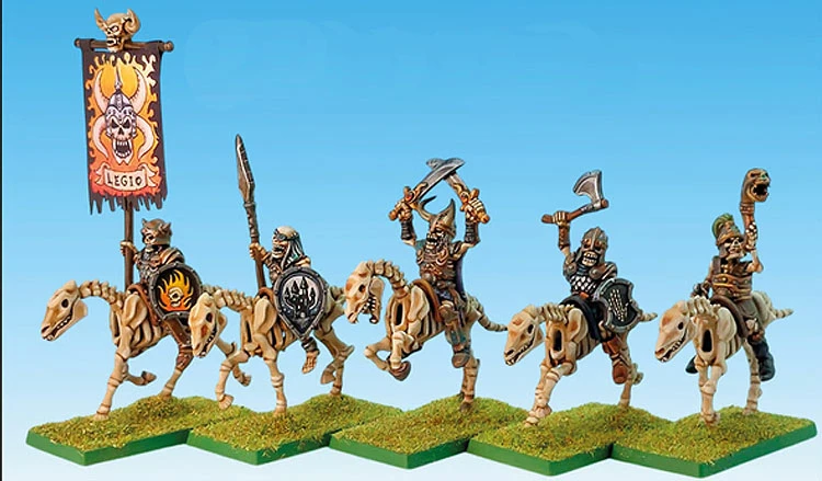 A group of five skeletal cavalry figures is displayed on a grassy base, with a vibrant blue background. The central figure holds a banner featuring a skull and flames, while the others wield various weapons, including axes and spears. Each skeleton is intricately detailed, showcasing armor and shields, contributing to a dynamic and menacing appearance. The overall aesthetic evokes a classic fantasy theme, perfect for tabletop gaming.