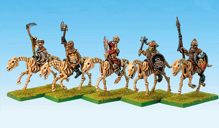 A lineup of five skeletal cavalry figures is displayed, each riding skeletal horses. The riders are equipped with various weapons, including a scythe, axe, and spear, and wear distinct armor featuring skull motifs and shields. The base of each figure is set on a grassy terrain, enhancing the old-school fantasy aesthetic. The background is a gradient of light blue, emphasizing the figures in the foreground. This collection showcases a dynamic and thematic representation of undead warriors.