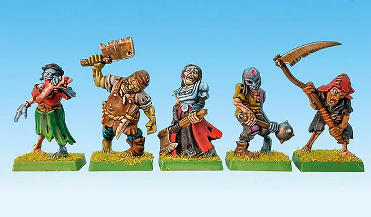 Five intricately designed miniatures are displayed against a light blue background, showcasing a variety of undead characters. From left to right, there is a skeletal figure with a clawed hand, a zombie wielding a large cleaver, a ghostly figure in tattered robes, a blue-skinned undead with a weapon, and a pirate-themed skeleton brandishing a scythe. Each figure stands on a green base adorned with tufts of grass, highlighting their dynamic poses and old-school aesthetic.