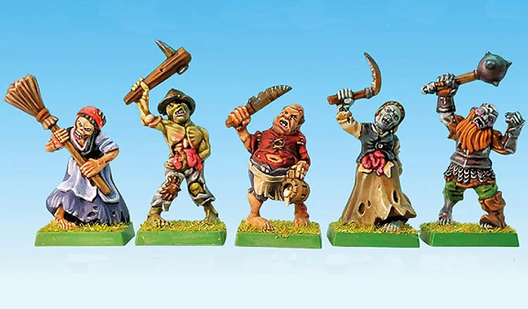 The image features five colorful miniatures representing various undead characters, each standing on green bases. From left to right, there is a female zombie wielding a broom, a zombie with a makeshift weapon, a rotund zombie holding a drum, a skeletal figure with a scythe, and a bearded zombie brandishing a mace. The miniatures exhibit dynamic poses and vibrant paint jobs, showcasing a mix of old-school charm and detailed sculpting, set against a light blue background.