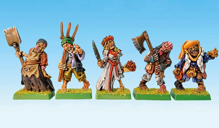 The image features five distinct zombie miniatures, each standing on a green base with tufts of grass. From left to right, the first figure holds a shovel and wears tattered clothing, while the second has a pitchfork and a colorful hat. The third figure is dressed in a white gown and holds a bouquet, the fourth wields a large axe, and the fifth sports a flamboyant outfit with a belt and gestures animatedly. The overall aesthetic combines a whimsical style with classic undead themes, showcasing the unique character of each zombie.
