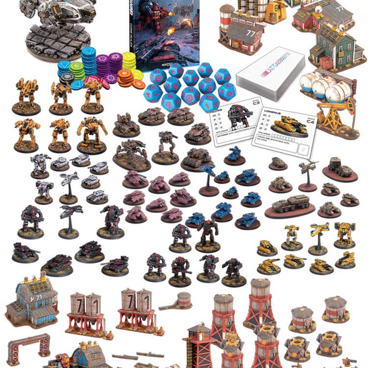 A diverse array of miniatures and game components for the tabletop wargame