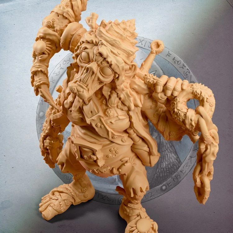 A detailed miniature of a grotesque pirate figure stands prominently, featuring exaggerated features such as a skeletal face and tattered clothing. The pirate is adorned with various accessories, including a large, twisted staff and a belt filled with trinkets, suggesting a character rich in lore. In the background, a circular emblem with mystical symbols adds depth to the scene, enhancing the fantastical theme of the character.
