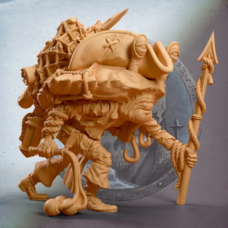 A detailed miniature of a pirate crab character, featuring a large, rounded shell adorned with various items and a pirate hat. The figure is hunched over, holding a staff with a twisted rope design, and has a lantern attached to its side. In the background, a circular emblem with nautical motifs adds context to the pirate theme.