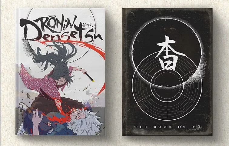 The image features two RPG books side by side. On the left, "Rōnin Densetsu" showcases a dynamic cover illustration of a fierce warrior in a flowing red kimono, wielding a sword, with a dramatic background of splattered blood and a defeated figure. On the right, "The Book of Yo" has a minimalist black cover with white circular designs and stylized text, emphasizing its supernatural theme. Both books are designed to expand the lore and gameplay of the Rōnin RPG.