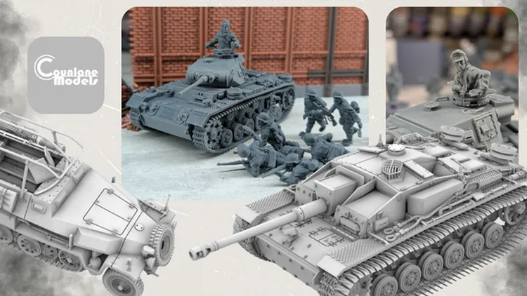 A collection of detailed 3D-printed models showcases various military vehicles and figures. In the center, a tank is depicted with a crew member on top, while several soldiers are positioned around it, engaged in action. The models are presented in a gray color, highlighting their intricate designs, including a half-track vehicle on the left and a tank on the right, set against a backdrop of brick walls.