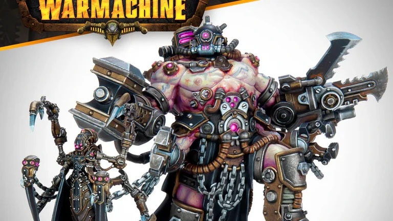 Exulon Nostilla, a Cephalyx psychic, stands on the left, adorned in dark robes with intricate mechanical details and glowing pink accents. Beside her is Aberration, a large, muscular monstrosity equipped with various mechanical enhancements and weapons, showcasing a mix of flesh and metal. Both figures are set against a neutral background, with the "WARMACHINE" logo prominently displayed at the top.