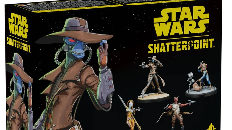 A box for the "Fistful of Credits" expansion for Star Wars: Shatterpoint features vibrant artwork of several bounty hunters. Prominently displayed is Cad Bane, a blue-skinned character wearing a wide-brimmed hat and a long coat, alongside Aurra Sing, who is depicted in a striking outfit. Other characters, including a Chadran-Fan, Todo 360, and a Devaronian, are shown in dynamic poses, emphasizing their roles as Secondary and Supporting Units. The box design includes the Star Wars and Shatterpoint logos, with a color scheme of black, yellow, and blue.