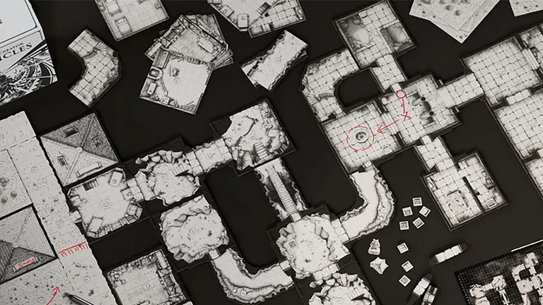 A detailed overhead view of a modular dungeon map, featuring various interconnected tiles with intricate designs representing stone floors and walls. Some tiles depict rooms and corridors, while others show circular areas and pathways. Red markings indicate specific points of interest, such as traps or objectives, enhancing the dynamic nature of gameplay.