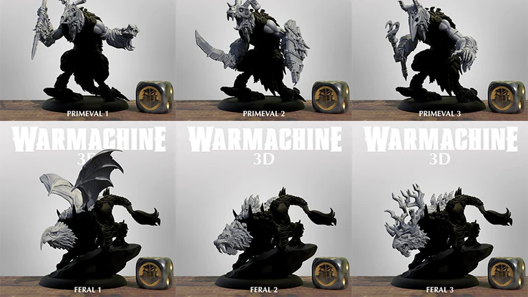 A collection of six 3D models from the Warmachine series is displayed in a grid format. The top row features three Primeval models, each showcasing unique designs with intricate details, including armor and weaponry. The bottom row presents three Feral models, characterized by their beastly forms and dynamic poses, with some featuring wings and distinctive facial features, all set against a simple background.
