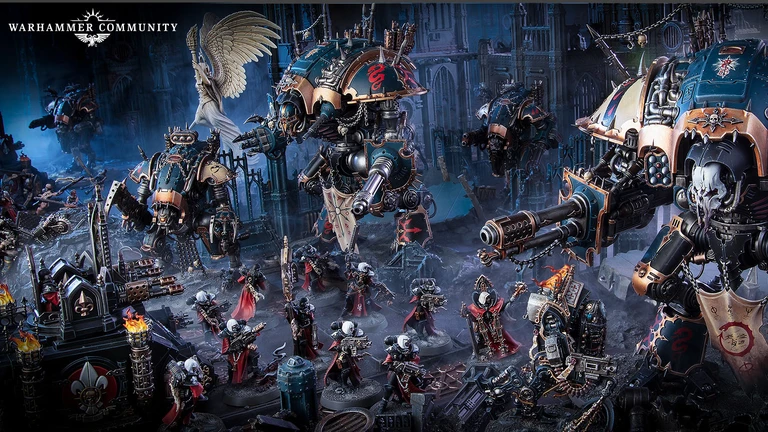 A dramatic scene showcases two imposing Chaos Knights, the Knight Ruinator and Knight Abominant, towering over a battlefield littered with detailed miniatures. The Knights feature intricate designs, with one adorned in dark metallic colors and the other showcasing a mix of blue and gold accents. Surrounding them are various smaller figures in red cloaks, wielding weapons, set against a backdrop of gothic ruins and atmospheric lighting.