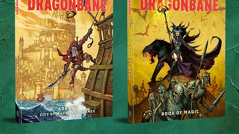 Two new expansions for the Dragonbane RPG are displayed: "Arkand: City of Waves and Flames" on the left and "Book of Magic" on the right. The cover of "Arkand" features a character in a red cloak, standing on a dock with a cityscape in the background, while "Book of Magic" showcases a dark figure wielding a staff, accompanied by a menacing wolf and skeletal figures. Both books have vibrant, detailed artwork and are set against a green background.