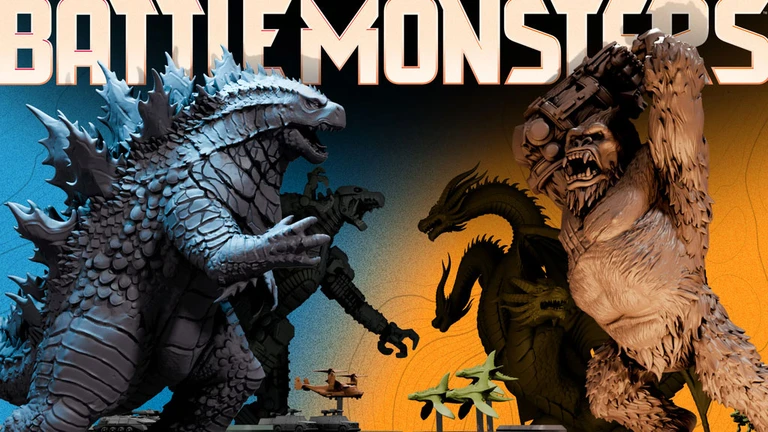 A large, detailed miniature of Godzilla stands prominently in the foreground, showcasing its iconic features and textured scales. Behind Godzilla, a menacing King Ghidorah is partially visible, along with armored vehicles and other creatures, set against a vibrant gradient background of blue and orange. The title "BATTLEMONSTERS" is displayed in bold, stylized lettering at the top of the image.