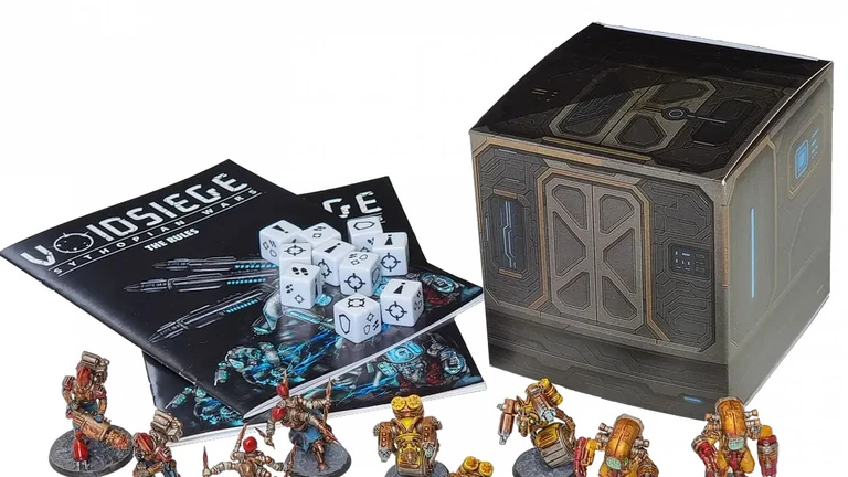 A collection of detailed resin miniatures from the Sythopian Wars starter set titled "VoidSiege" is displayed prominently. The scene includes various character models and units, such as the Asylumist N-Force and the Confederation forces, arranged around two copies of the 28-page rulebook and a set of dice. A box featuring futuristic design elements is also present, adding to the thematic presentation of the game.