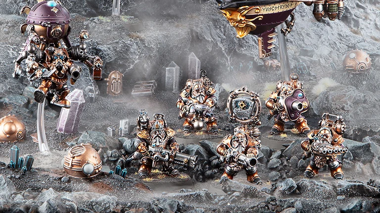 A group of Kharadron Overlords, depicted as flying dwarves in intricate nullsuits, stands on a rocky terrain. They are equipped with various steampunk-inspired weapons and gadgets, showcasing a mix of bronze and metallic colors. In the background, an airship hovers above, adding to the adventurous atmosphere of the scene.