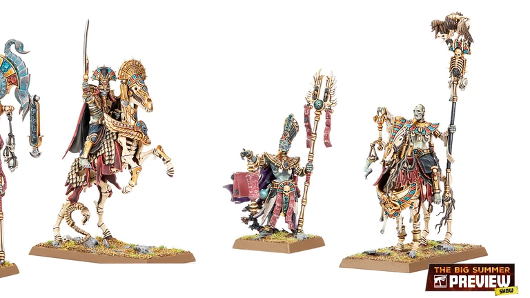 A pair of undead miniatures from the Old World are featured, showcasing a Royal Herald on foot and a mounted Liche Priest. The Royal Herald holds a staff adorned with intricate designs and a scroll, while the Liche Priest, also detailed with vibrant colors and accessories, carries a staff topped with a skull. Both figures are set on textured bases with tufts of grass, emphasizing their ancient and mystical theme.