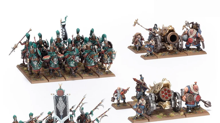 A detailed display of a Grand Cathay army features a variety of miniatures, including 30 Jade Warriors in ornate armor, equipped with hand weapons and shields or halberds, arranged in multiple units. The scene also showcases 10 Jade Lancer cavalry, two Cathayan Grand Cannons, and accompanying artillery crews, all set against a grassy base. Prominent banners and intricate details on the miniatures highlight the rich aesthetic of this new army.