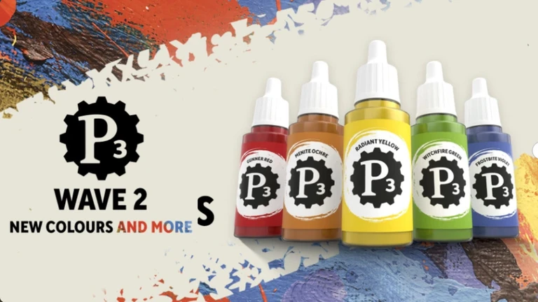 Four bottles of P3 paint are displayed against a colorful, textured background. The bottles include "Gunner Red," "Menite Ochre," "Radiant Yellow," and "Witchfire Green," each featuring a black gear logo with "P3" prominently displayed. The background features splashes of blue, red, and white paint, adding a vibrant artistic flair to the scene.