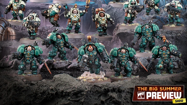 A group of miniature figures representing the Leagues of Votann stands prominently against a rocky, textured backdrop. The models are predominantly clad in teal and dark armor, showcasing various weapons and equipment, including guns and melee weapons. The scene features a mix of characters, including a central figure with a glowing sword, all arranged in a dynamic formation that highlights their unique designs and details.