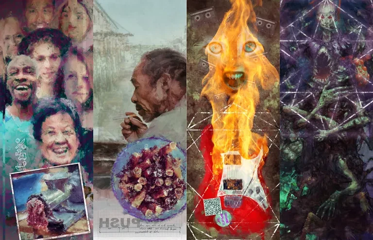 A collage of surreal and unsettling artwork features four distinct panels. The left panel showcases a group of diverse faces, some smiling, set against a blurred background. The center panel depicts an elderly man thoughtfully eating from a bowl, while the third panel features a flaming guitar with a grinning face, surrounded by abstract shapes. The right panel presents a dark, skeletal figure intertwined with eerie geometric patterns, enhancing the overall theme of horror and the bizarre.