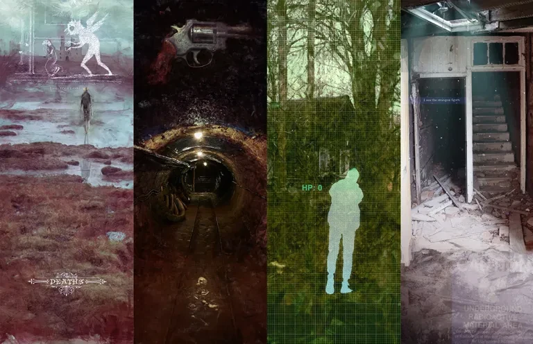 A series of five distinct panels showcases a blend of eerie and unsettling imagery. The first panel features a ghostly figure in a desolate landscape, while the second displays a revolver resting on a dark surface. The third panel depicts a dimly lit tunnel, evoking a sense of claustrophobia. The fourth panel presents a silhouette against a textured background, indicating low health points, and the final panel reveals a dilapidated interior with debris scattered on the floor. Each panel contributes to a haunting atmosphere, reflecting the themes of horror and tension in the game.