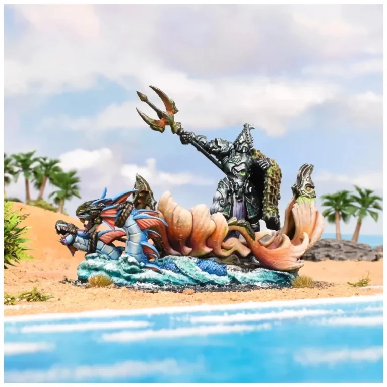 A detailed miniature scene features a Trident King, a fish-man warrior, standing triumphantly atop a vibrant coral base, wielding a trident. He is flanked by two smaller sea creatures, with colorful scales and fins, set against a backdrop of sandy beach and palm trees. The ocean waves lap at the shore, adding to the dynamic coastal environment.