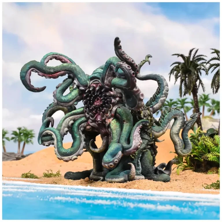 A large, menacing Kraken stands on a sandy beach, its numerous tentacles curling and twisting around its body. The creature features a dark, textured skin with shades of green and blue, and a central maw filled with sharp teeth, giving it a fearsome appearance. In the background, palm trees and a clear blue sky enhance the tropical setting, while the ocean waves lap at the shore.