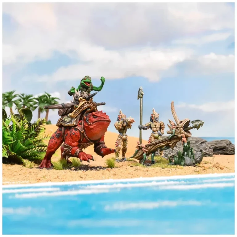 A vibrant scene depicts a large, red amphibious creature, ridden by a small green figure, set against a sandy beach with palm trees and a blue ocean in the background. To the right, two fish-like warriors wielding spears stand beside a skeletal structure resembling a fish, adding to the fantastical atmosphere. The overall setting combines elements of a tropical environment with whimsical characters, highlighting the playful nature of the miniatures.