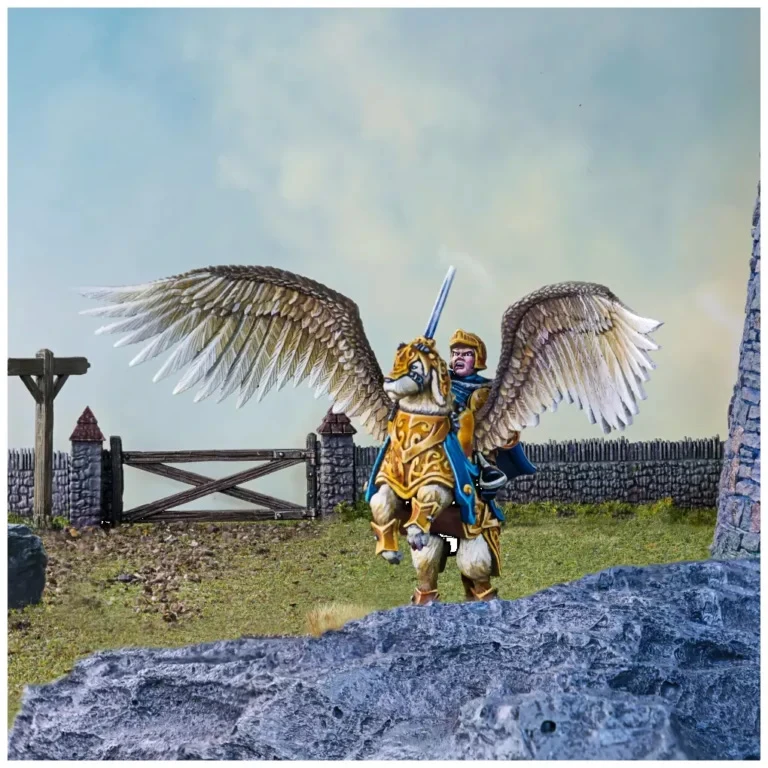 A halfling captain rides a large, winged creature, adorned in ornate golden armor with a blue cape, holding a sword aloft. The creature has impressive, feathered wings and a lion-like appearance, standing on a rocky terrain with a grassy backdrop. In the distance, a wooden fence and stone walls are visible, adding to the fantasy setting.